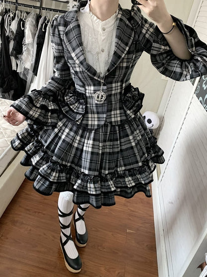 Notched + Old Lolita White Skirt Lapel Plaid - Set Black School Ruffled Blazer