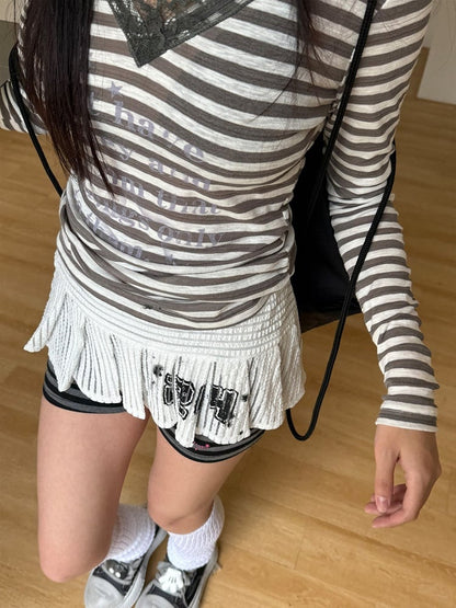Print Black White Number Skirt with Striped Low-waist