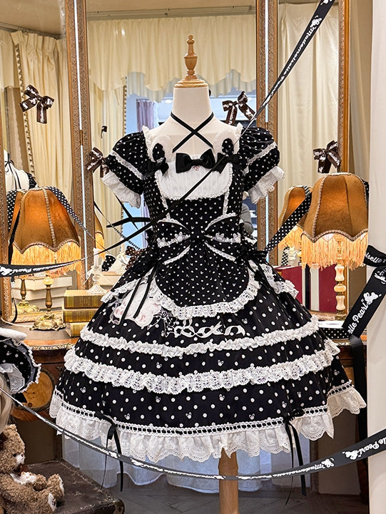 Quadratisches Kleid mit Häschen und Punkten, süßes Lolita-Muster, Ausschnitt, schwarze Ohren