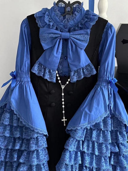 Blue Lace with Blouse Trims Cotton Bell Klein Lolita Sleeves