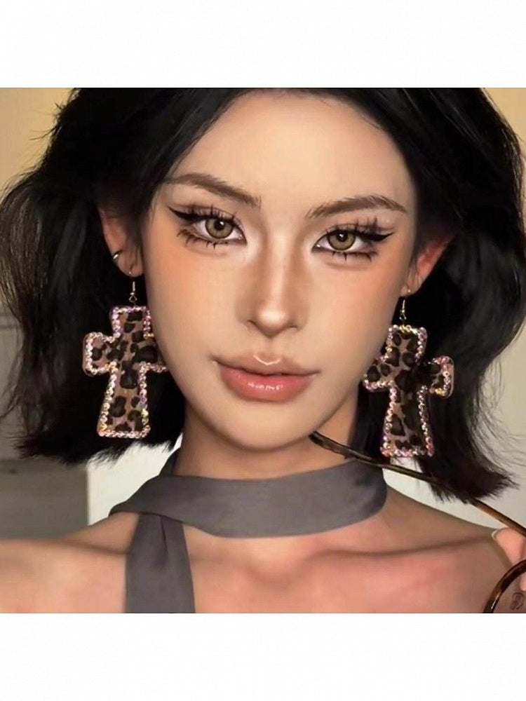 Y2K Cross Rhinestone Ear Clips with Leopard Print - WhaleHall