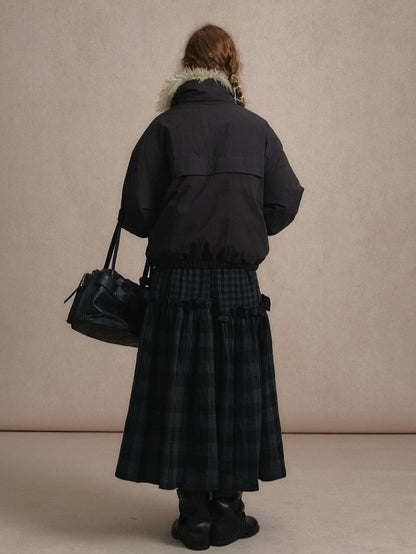 Dark Gray/Beige Cozy Short Down Jacket Fur Faux with Detachable Collar