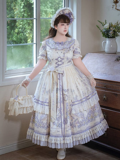 Plus Floral Purple Available Dress Short Lolita Embroidery Print Sizes and Classic Sleeves