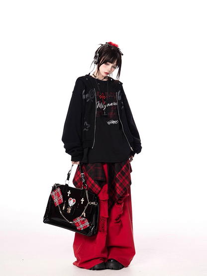 Letter and Print T-shirt Oversize Number Black Round Neck