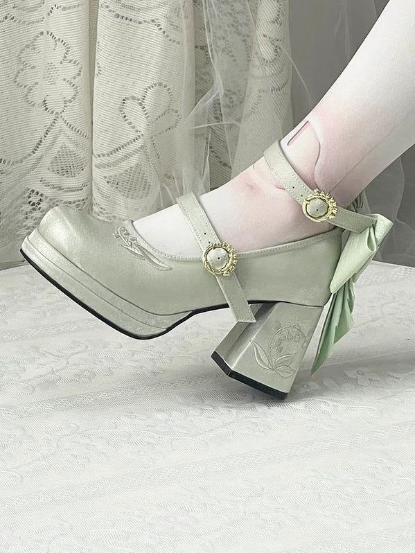 der mittleren Stickerei die Satin Heels Bowknot Janes Green Lily Abnehmbare Valley Mary