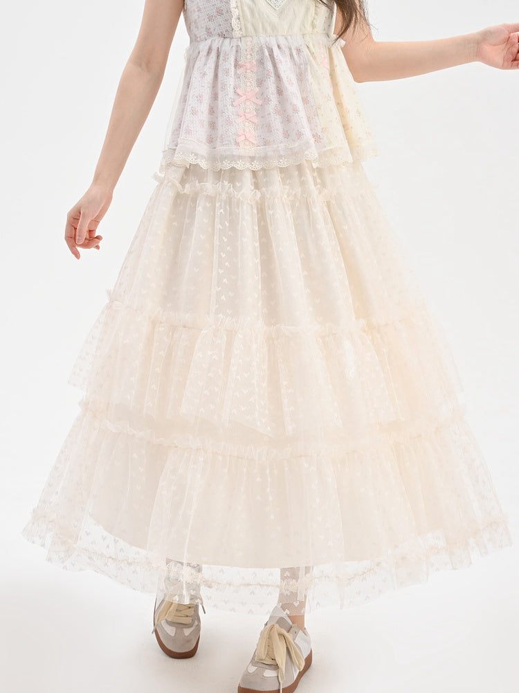 アプリコット ゴムウエスト ハート柄 メッシュ ティアードスカート