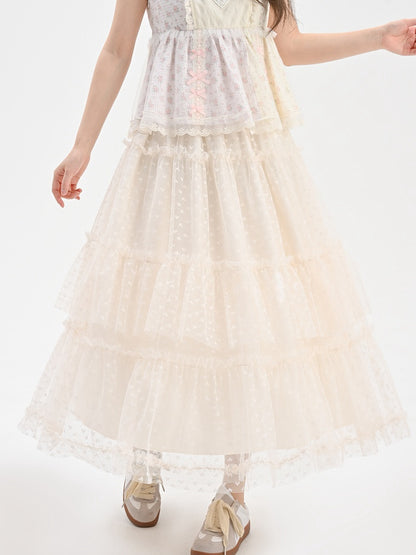 アプリコット ゴムウエスト ハート柄 メッシュ ティアードスカート