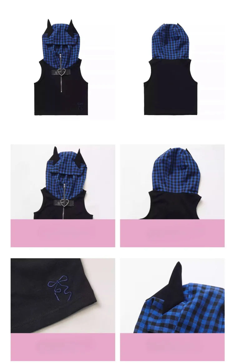 Muster Kapuze Blau Ohren Top Dunkel Schwarz Plaid Ärmellos