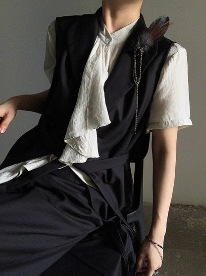 Princely Feather Brooch Notched Black Collar Set Waistcoat Style -