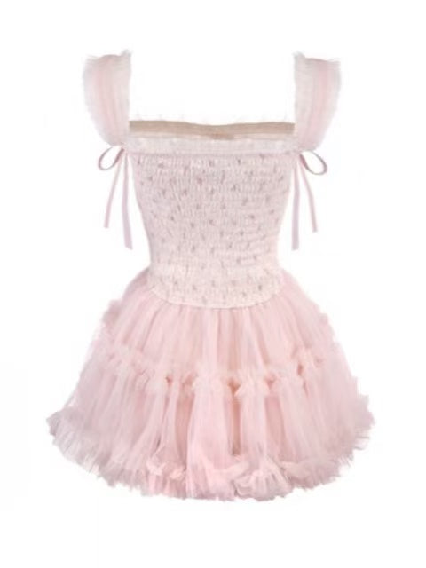 Slip Ribbon Tiered Mesh mit Perlen Akzente Abnehmbare Kette Kleid Rosa