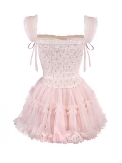 Slip Ribbon Tiered Mesh mit Perlen Akzente Abnehmbare Kette Kleid Rosa