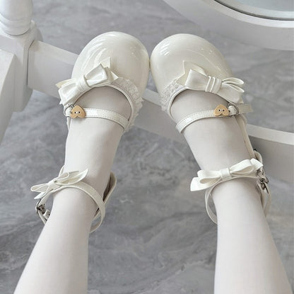 with Sandals Snap Sweet White and Low-heel Lolita Heart-Shaped Style Bows Decor