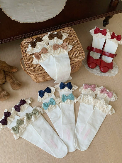 Beige Ankle Socks with Bowknot & Lace Trim, 10 Colors - ROJI ROJI
