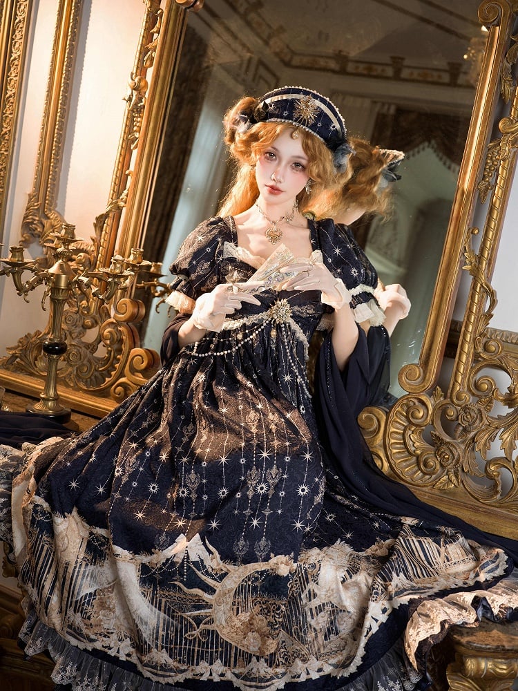 Kleid Empire Print Kette Taille Einhorn mit Perlen Sternen Lolita Blau Dunkel Nacht