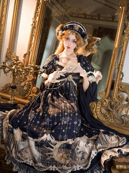 Dress Empire Print Chain Waist Unicorn with Beaded Starry Lolita Blue Dark Night