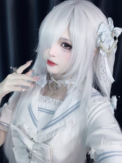 ポニーテール クロークリップ 長さ ダブルウィッグ 前髪 70cm フルショート 30cm ストレート + ホワイト