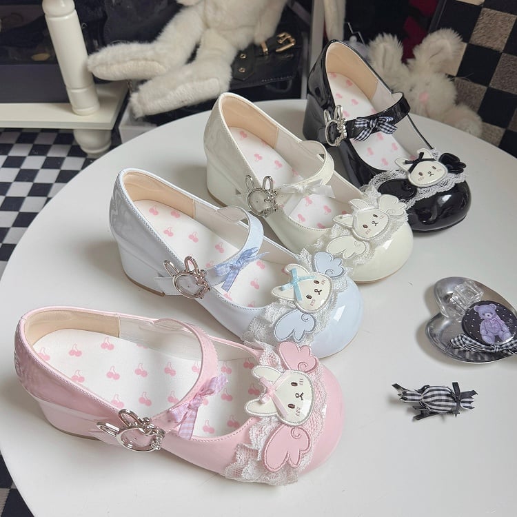 Wings Motif Decor Sweet Rabbit Lolita Black Bunny Themed Shoes with