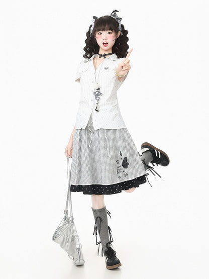 White Polo Collar Short Sleeve Blouse with Polka Dots - Languid Park