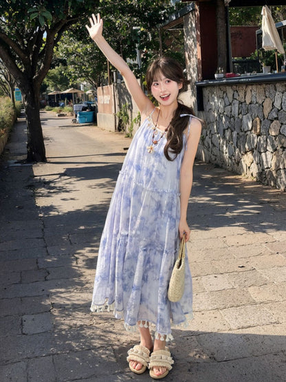 Shell Charm Neckline Dye Tassel Hem Tie Dress Loose Slip Blue Chiffon