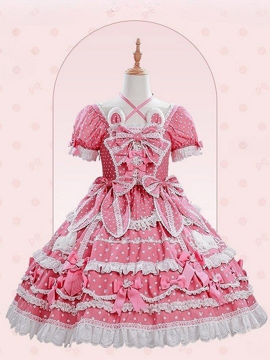 Kleid Bunny Süße Polka Dots Wunderschöne Plüsch Ohren Ausschnitt Rosa Dark Lolita Muster Version