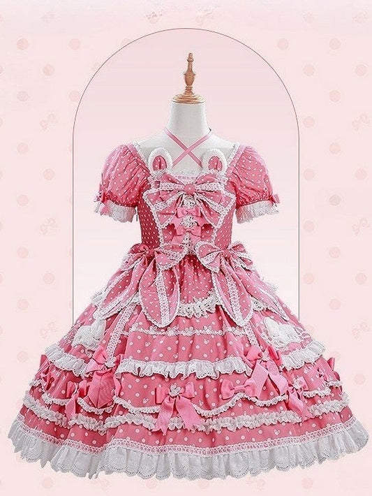 Kleid Bunny Süße Polka Dots Wunderschöne Plüsch Ohren Ausschnitt Rosa Dark Lolita Muster Version