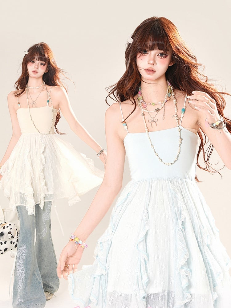 カスケードフリルアクセントレースキャミソールトップ ブルー/アプリコット