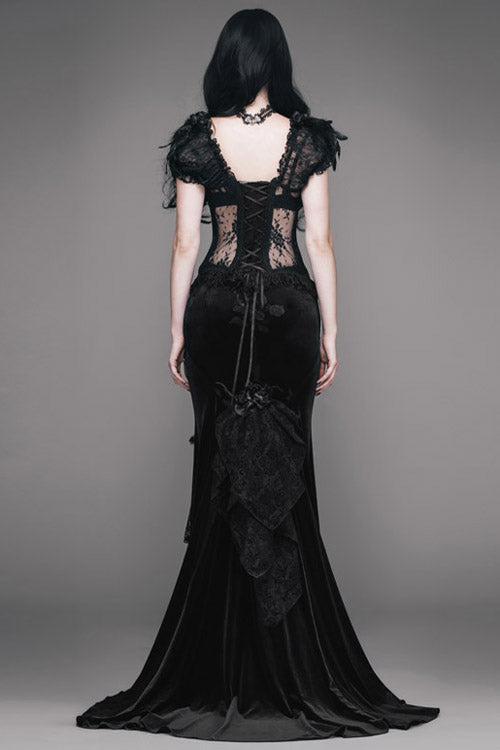 Black Rose Embossed Gothic Velvet Long Fishtail Skirt for Women
