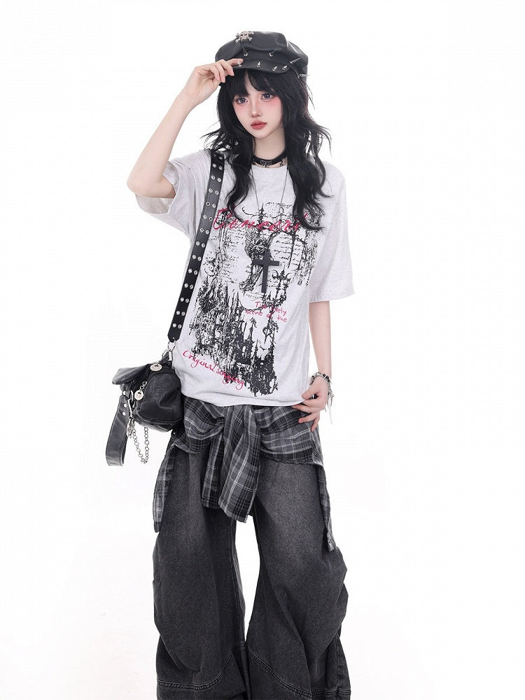 Light Gray Crew Neck Short Sleeve T-Shirt with Gothic Print - KNOW8 Online Shop