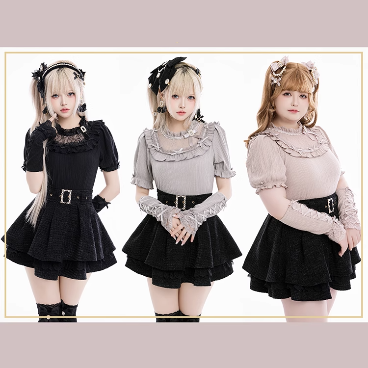 Jirai Kei Gray Blouse with Bowknot and Bead Decor, Illusion Neckline, Free Armwear - Fluffy Heart