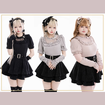Jirai Kei Gray Blouse with Bowknot and Bead Decor, Illusion Neckline, Free Armwear - Fluffy Heart