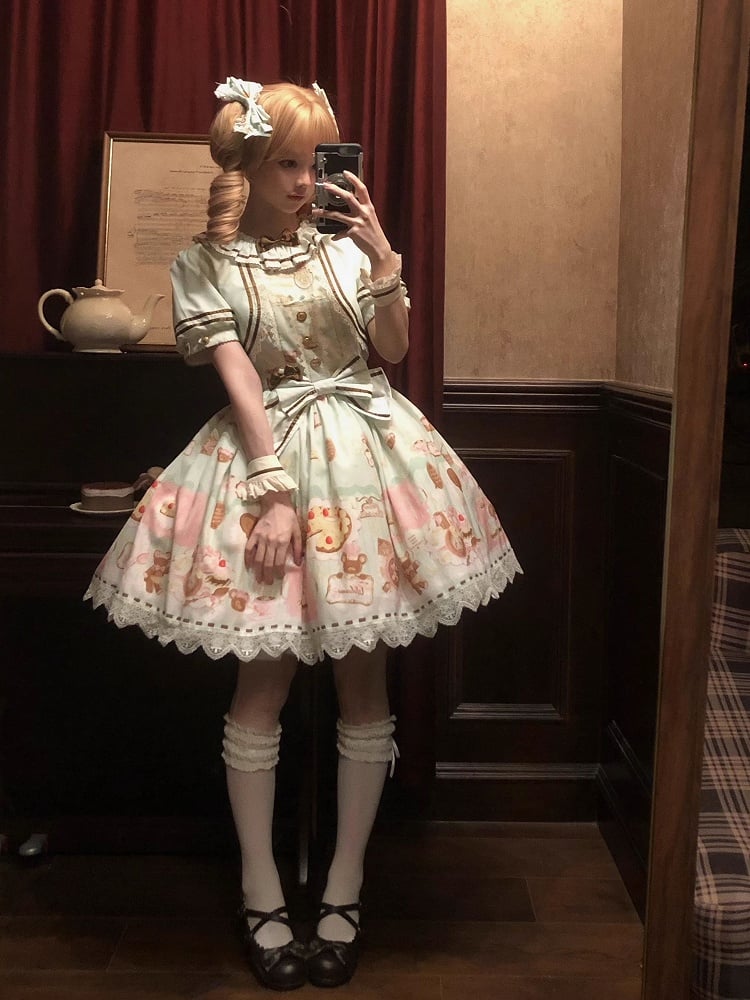 Grüne süße Minze Lolita Thema Desserts zweiteilige Print Kleid gefälschte Design Bär