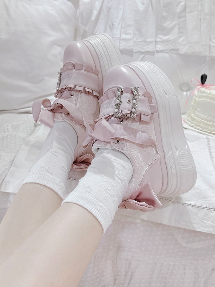Platforms Kei Design Bow Pink Jirai Beaded Buckle Shoes Accents