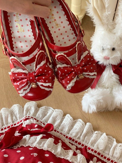 Janes Polka Red - Mid-heel PU Dot Top Bunny Bow Mary 4.2cm Sweet Charm