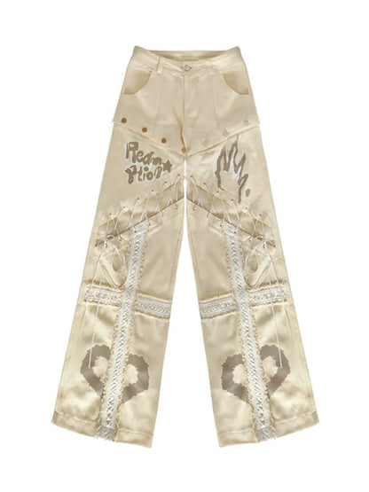 Beige Jeans mit Schnürung und geradem Bein, abnehmbares Detail