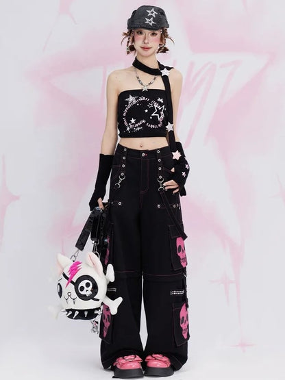 Black/White Stars Print Strapless Top with Free Scarf