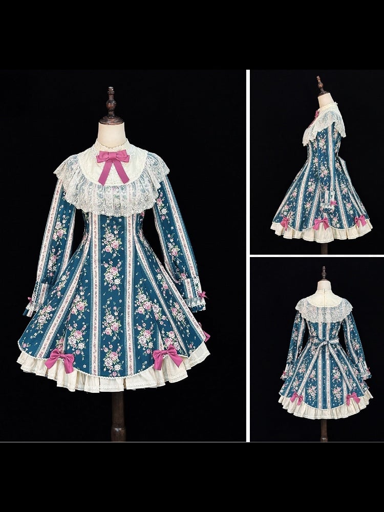 Teal Floral Print Vintage Lolita OP Dress with Lace Detailing & Elegant Design - With PUJI