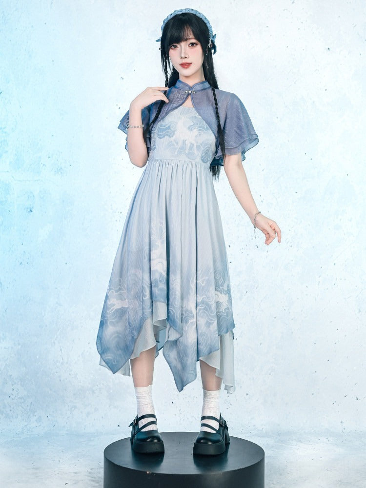 Blue Chiffon Cami Dress with Deer Print & Asymmetric Hem - Quirky Hut
