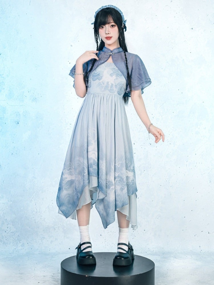 Blue Flutter Sleeve Cropped Top with Frog Button Detail - Quirky Hut