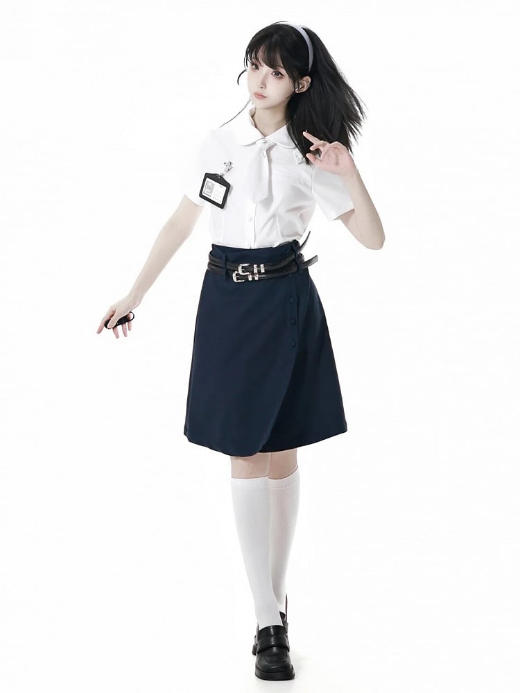 Marineblauer JK-Uniform-Knielanger Rock mit Doppelschnallengürtel