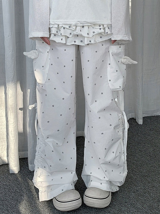 White Star Pattern Drawstring Wide Leg Wing Cargo Pants - Solkatt