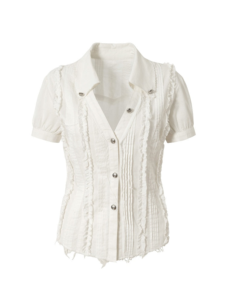 Blouse Wasteland Pleats Punk Short Sleeve White Distressed with Pintuck V-Neck