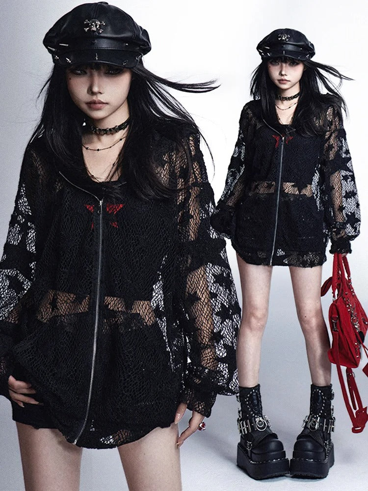 ジャケット Y2K 保護 ブラック スター柄 中空アウト サンフード付き