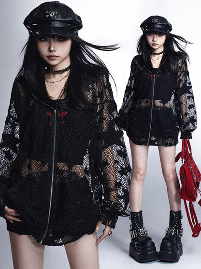 ジャケット Y2K 保護 ブラック スター柄 中空アウト サンフード付き