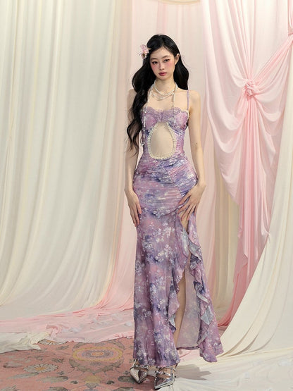 Side Slit Oil Painting Slip Dress Cascading Ruffle Accents Lavender Cutout Detail