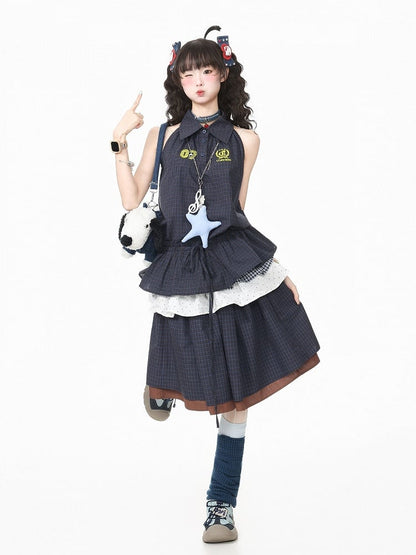 Navy Plaid Peplum Sleeveless Blouse with Flared Hem - Languid Park