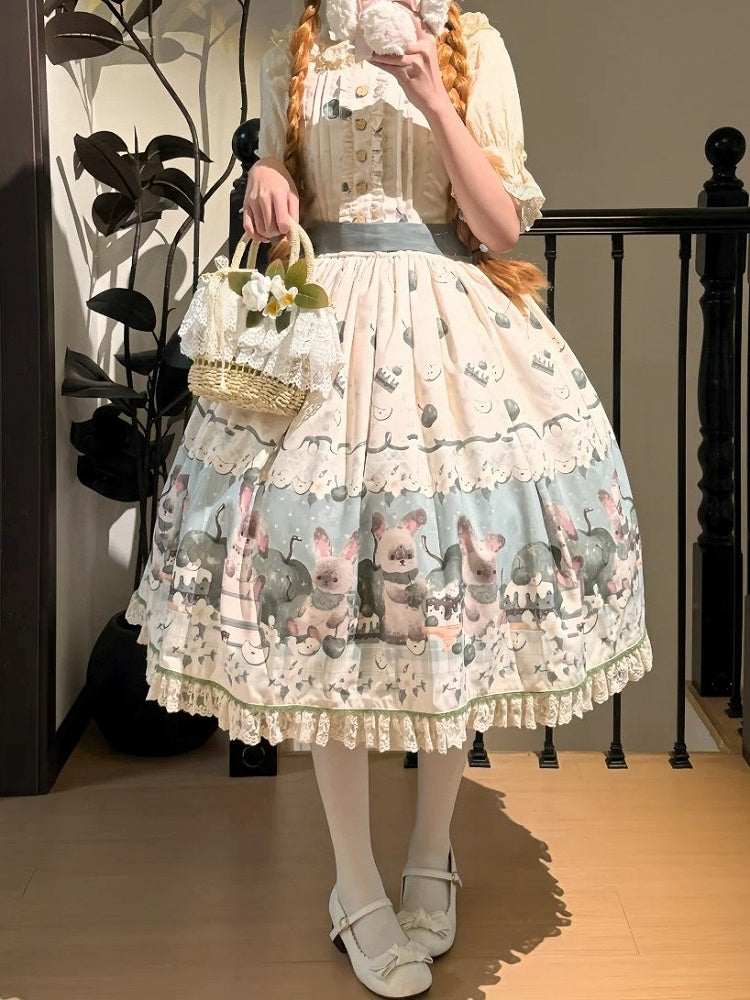 with Green Beige Trim Print Sweet Dress Lace Apple Bunny Lolita and