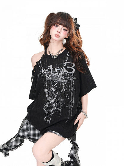 Black/White Cutout Shoulder Lace Trim Loose Graphic T-Shirt