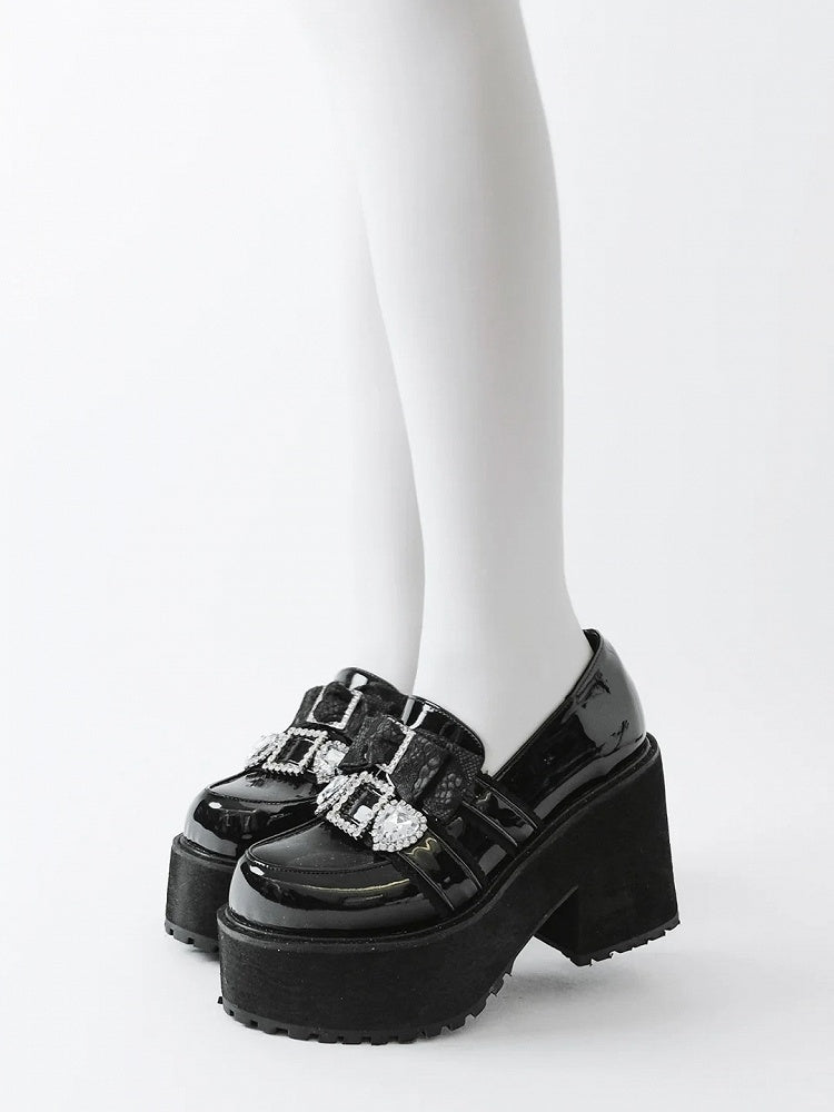 Jirai 10cm Pointed-Toe Loafers Polished Black Rhinestone Kei in Bow Platform with Heel Sweetheart