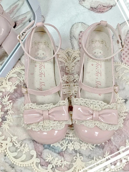 Round Trim Bow Lace Sweet Top Low Heels Pink at Toe with