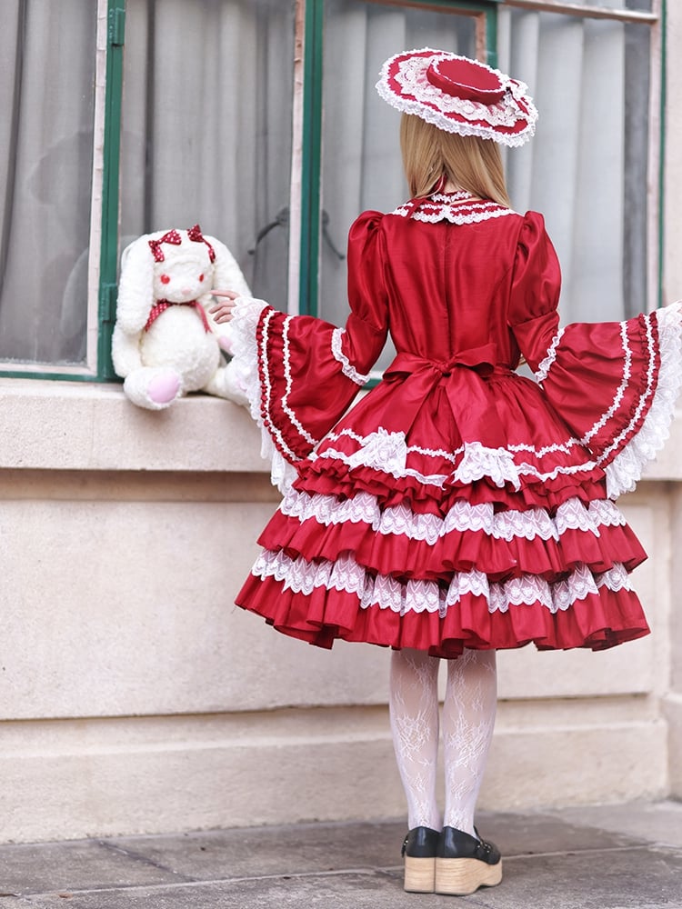 Wunderschönes Lolita-Kleid mit gestuftem Rüschenrock, Puffärmeln und Glockenärmeln in Rot